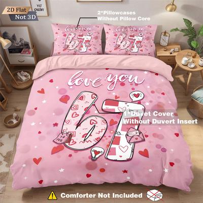 3pcs Valentine's Day Pink 67 Element Print Coreless Down Duvet Cover Set Multi Size Bedding Holiday Decoration Machine Washable