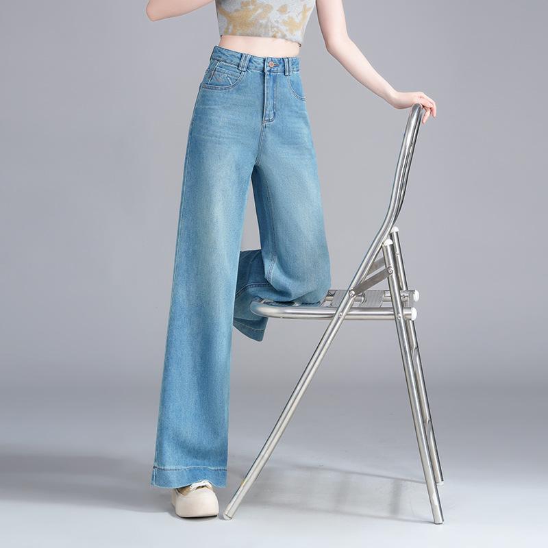 Women's High-Waisted Blue Retro Wide-Leg Denim Pants