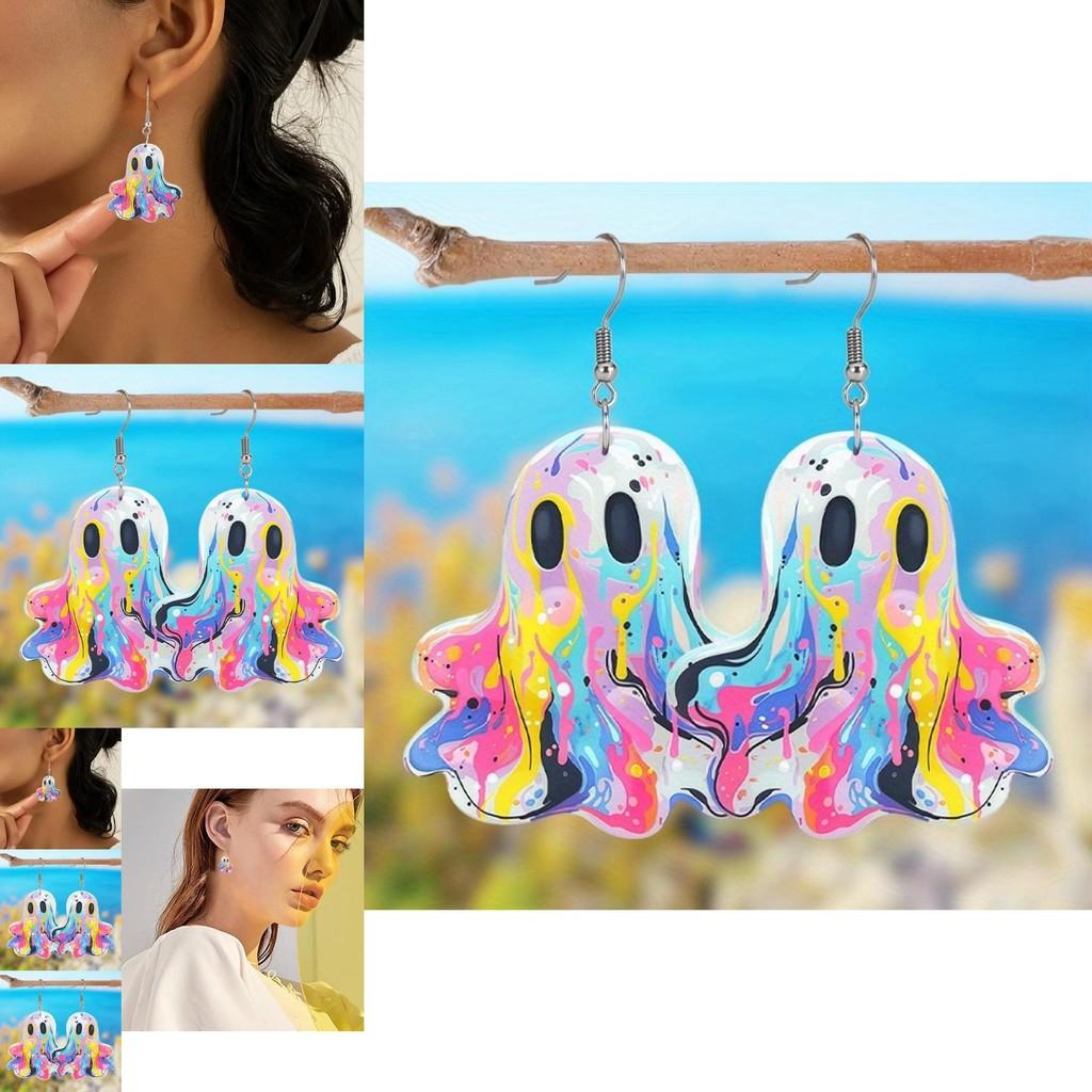 Adorable Colorful Ghost Earrings Made Of Acrylic Fun Cartoon Style Halloween Accessories