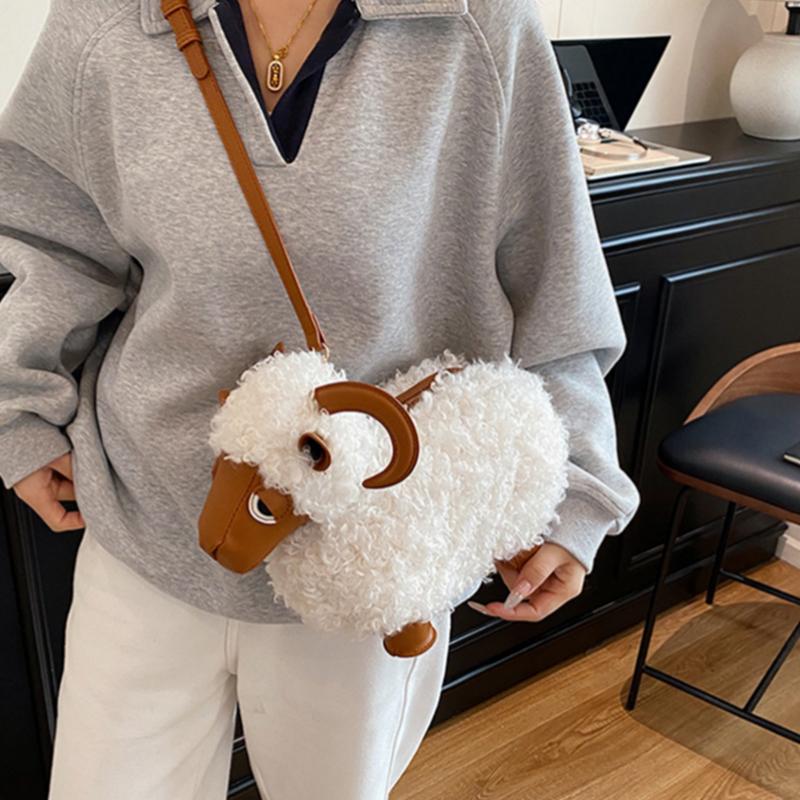 Lamb Shaped Plush Crossbody Bag Fluffy Curly Fur Texture With Faux Leather Details Kawaii Cartoon Style Women Cute Shoulder Bag