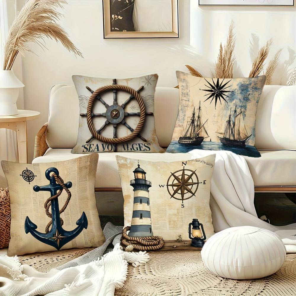 Double SidedVintage Nautical Cushion Covers Piece Set Anchor Compass Sailboat Retro Ocean Adventure Throw Pillow Cases