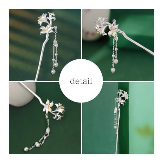Miaomyao Hairpin Kanzashi for Japanese Traditional Wear (Kimono, Yukata, Hakama), Antique Casablanca Lily Flower Hair Accessory with Pearls, Silver