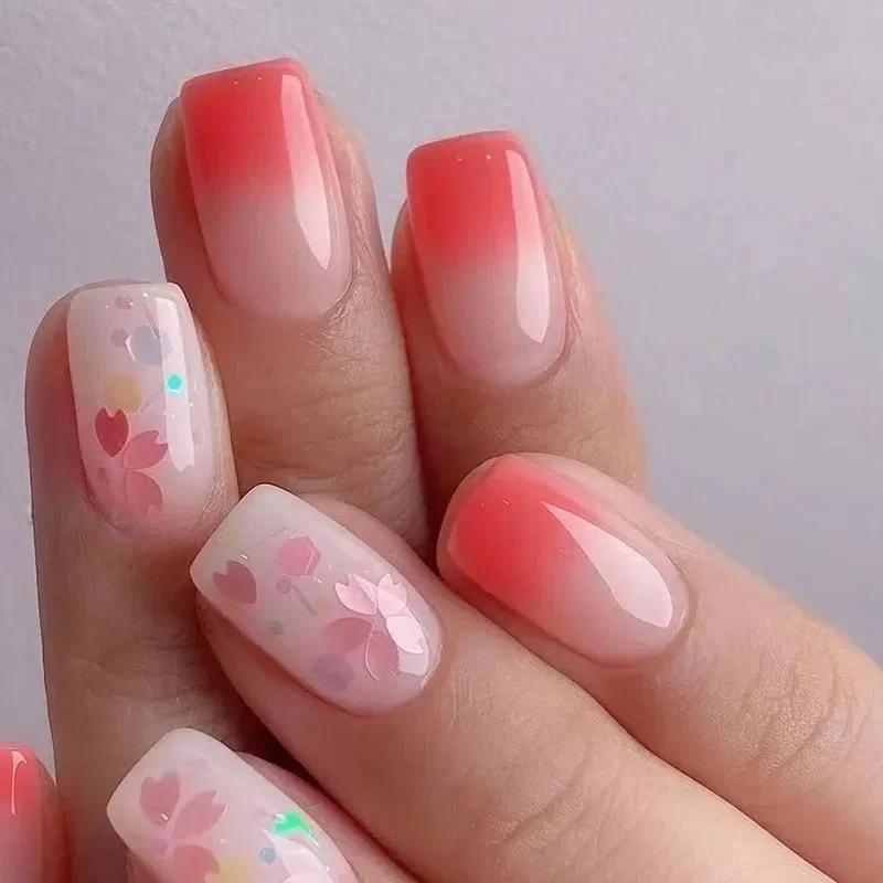 24Pcs Simple Square False Nails Short French Fake Nails Press On Colorful Flowers Design Full Cover Nail Tips Manicure Tools
