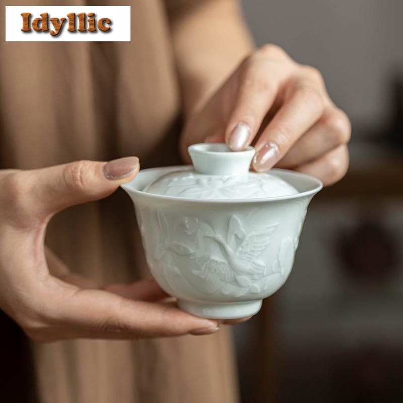 135ML Relief Misty Blue Gaiwan Ancient Tea Tureen Household Tea Bowl With Lid Kit Tea Brewing Cover Bowl Cafes Accessories Gift