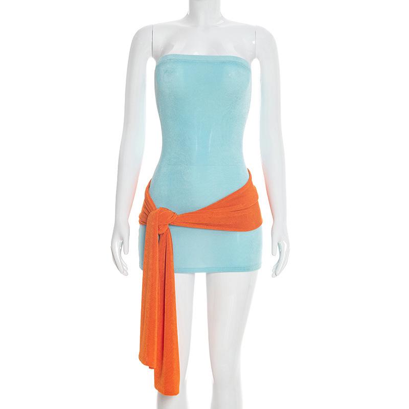 Y26DS038 Women s Strapless Color Block Spliced Ribbon Bodycon Dress - Spring/Summer Collection L