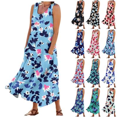 Women's Fashion Summer Casual Sleeveless Floral Printed Small Pocket Dresses