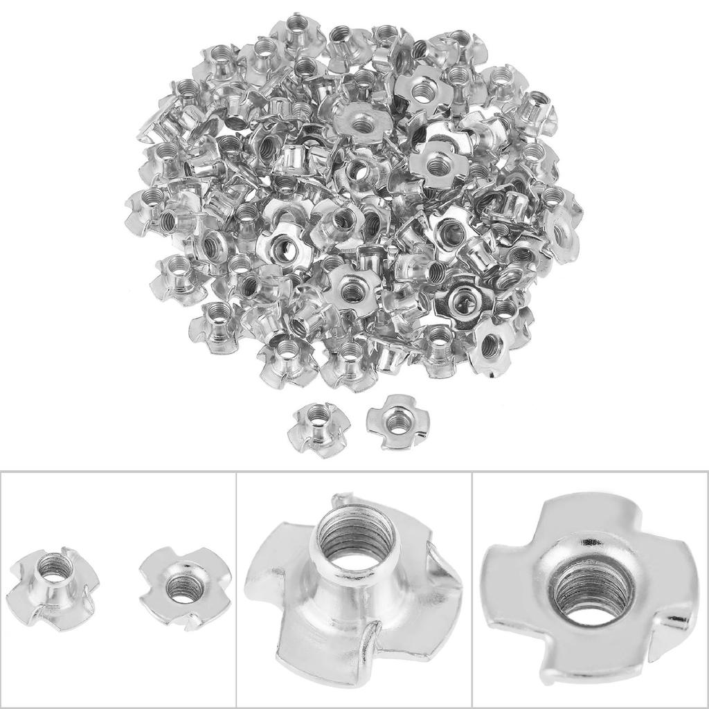 100pcs Zinc Plated Carbon Steel T Nut Four Pronged Tee Nuts For Woodworking Furniture (M6)