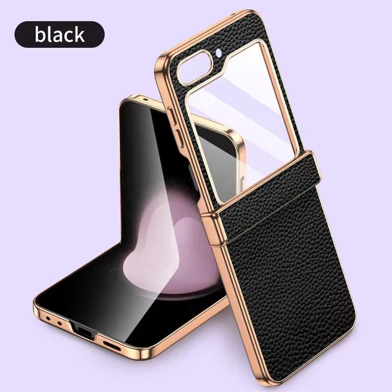 Telefonveske av okseskinn til Samsung Galaxy Z Flip6 Flip5 Flip 6 5 ZFlip5 Luksus hengselbeskyttelsesdeksel med herdet glass