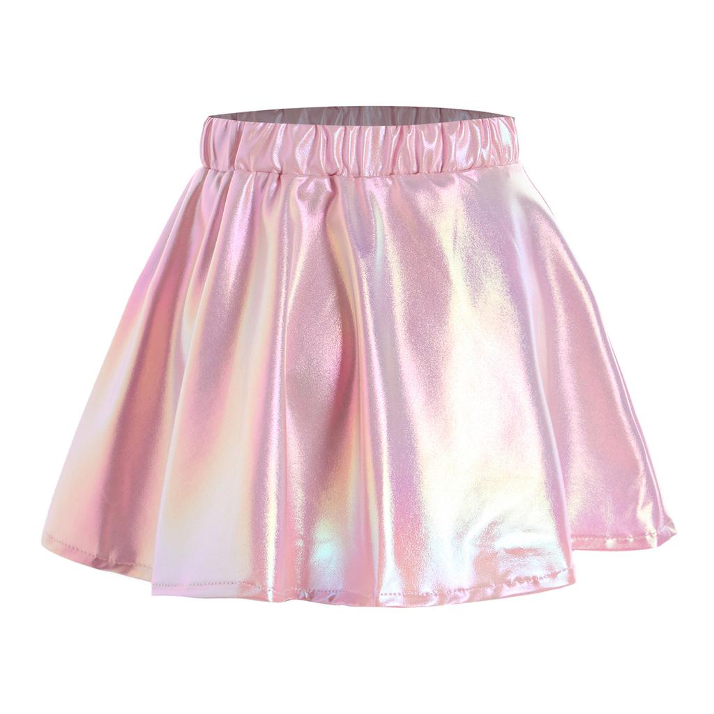 Girls Metallic Shiny Dance Skirt Elastic Waist A Line Miniskirt for Cheerleading Stage Performance