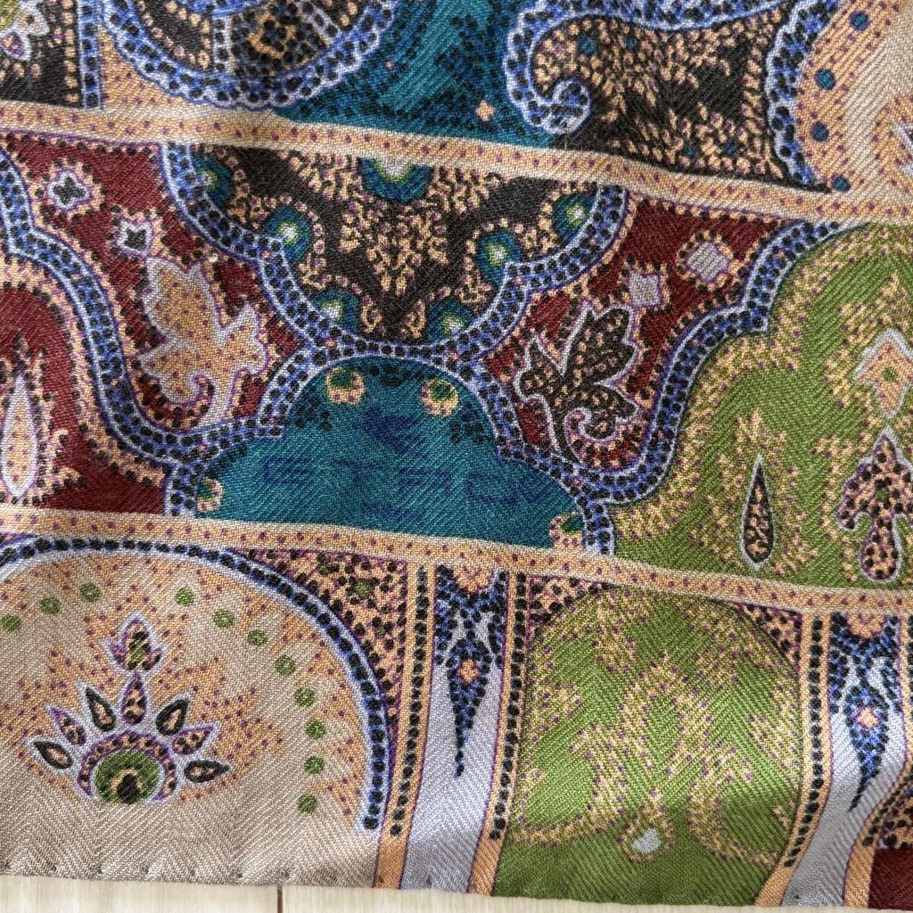 Used ETRO Etro Large Scarf Blue Brown Green Scarf Paisley Purple Silk Paisley Pattern
