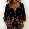 Women Square Neck Blouse White Black Ink Floral Print Ruffle Three Quarter Sleeve Shirt