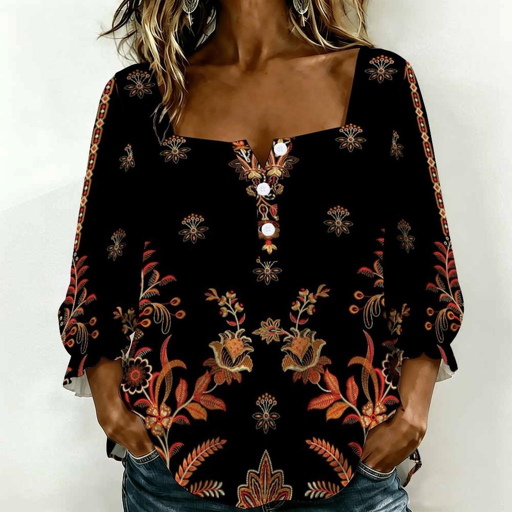 Women Square Neck Blouse White Black Ink Floral Print Ruffle Three Quarter Sleeve Shirt