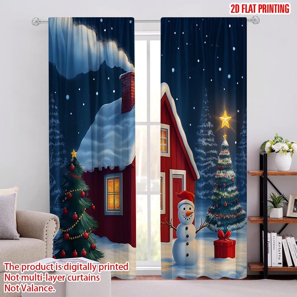 2pcs,2D plane printing Popular Curtain Panels Christmas Cabin Snowman Tree (4) Versatile Durable Polyester (without rod)