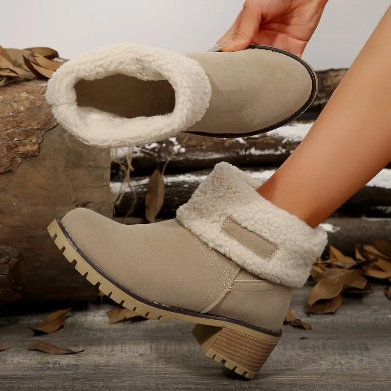 New style short boots for women, European and American short tube, thick heel, high heels, suede, plus size snow boots for women