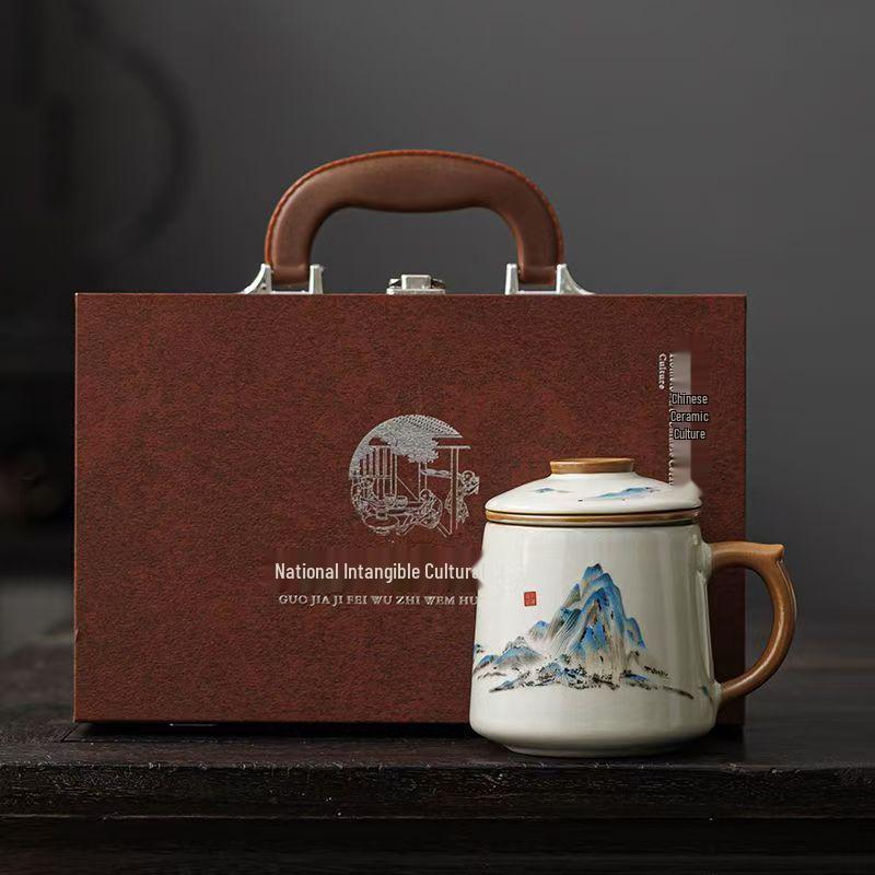 Blue and White Ceramic Office Mug with Tea and Water Separation, Large Capacity.