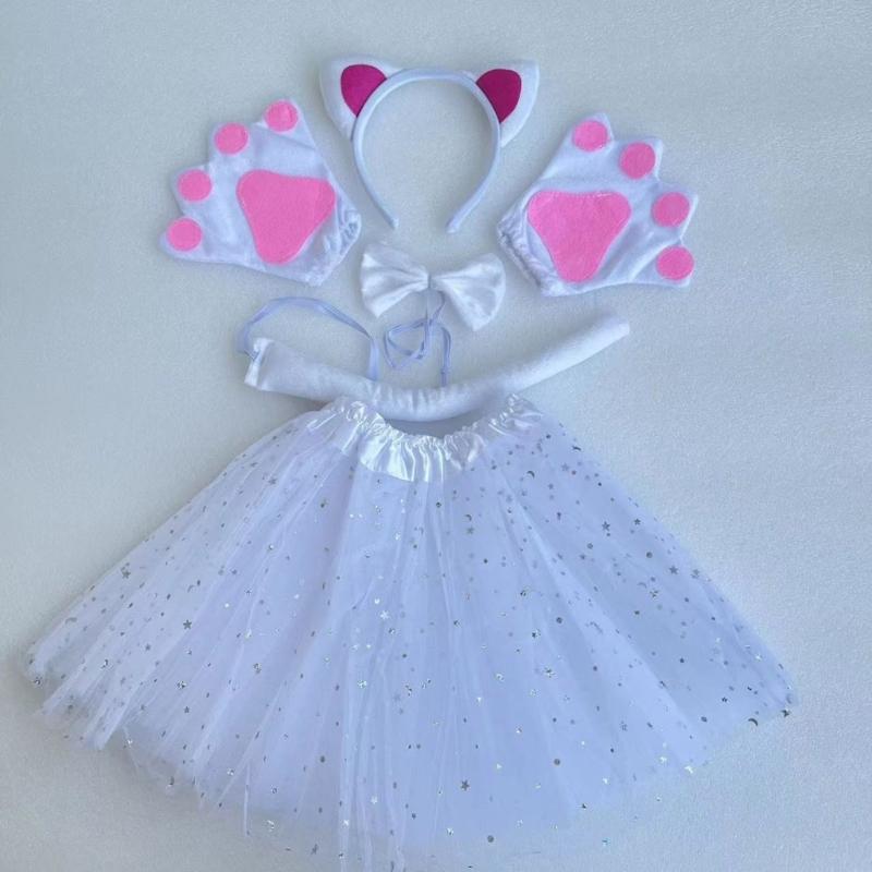 Cats Costume Set Includes Cats Tail Headband Bowtie Glove Skirt Halloween Catgirl Dress up Outfit for Kid Women Cosplay