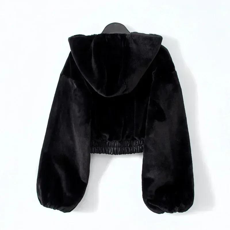 Herbst Winter Faux Kaninchen Fell Bomber Teddy Mantel Zipper Streetwear Hohe Taille Pelzigen Mit Kapuze Plüsch Jacke Strickjacke Fleece Parkas