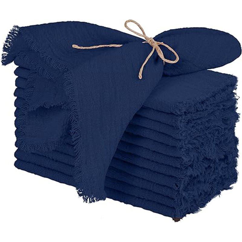 6pcs 32x32cm 100% Cotton Soft Beige Gauze C Wedding Napkins Reusable Blue Trim Tea Towel Rustic Retro Burrs Napkins For Dinner,Party,Weddings