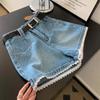 Women's Summer Plus-Size Loose-Fit Flattering Wide-Leg A-Line Lace-Trimmed High-Waisted Denim Shorts