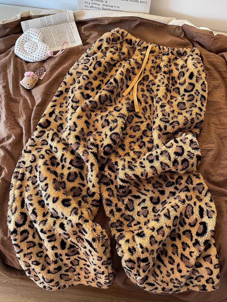 Jogging Velours Large Jambe Imprimé Léopard Taille Haute à Cordon de Serrage pour Femmes