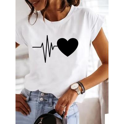 Amor Estilo Tendência Fofo Anos 90 Harajuku Mulheres estampa camiseta feminina básica casual gola O camisa preta manga curta camisetas femininas