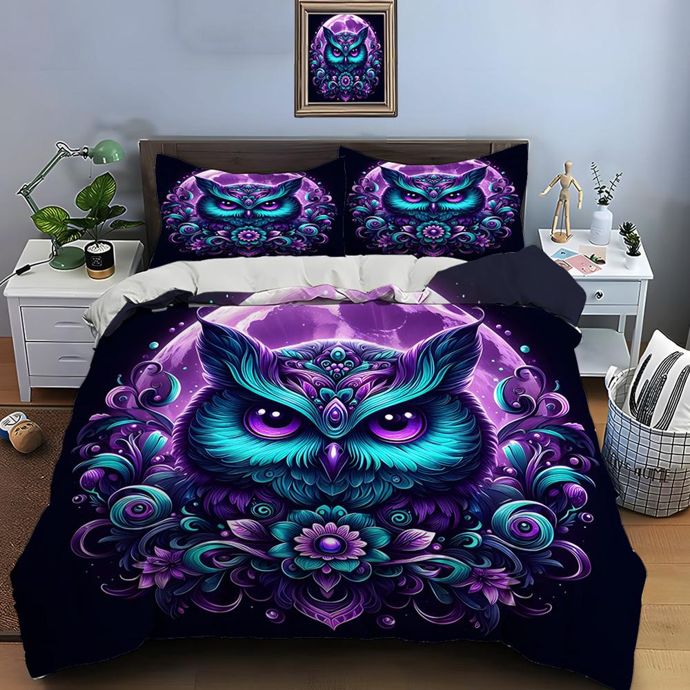 Fantasy Purple Owl Art Print Soft Comfortable Duvet Cover Bedding Set Included 1*Duvet Cover 2*Pillowcases Luxury gifts