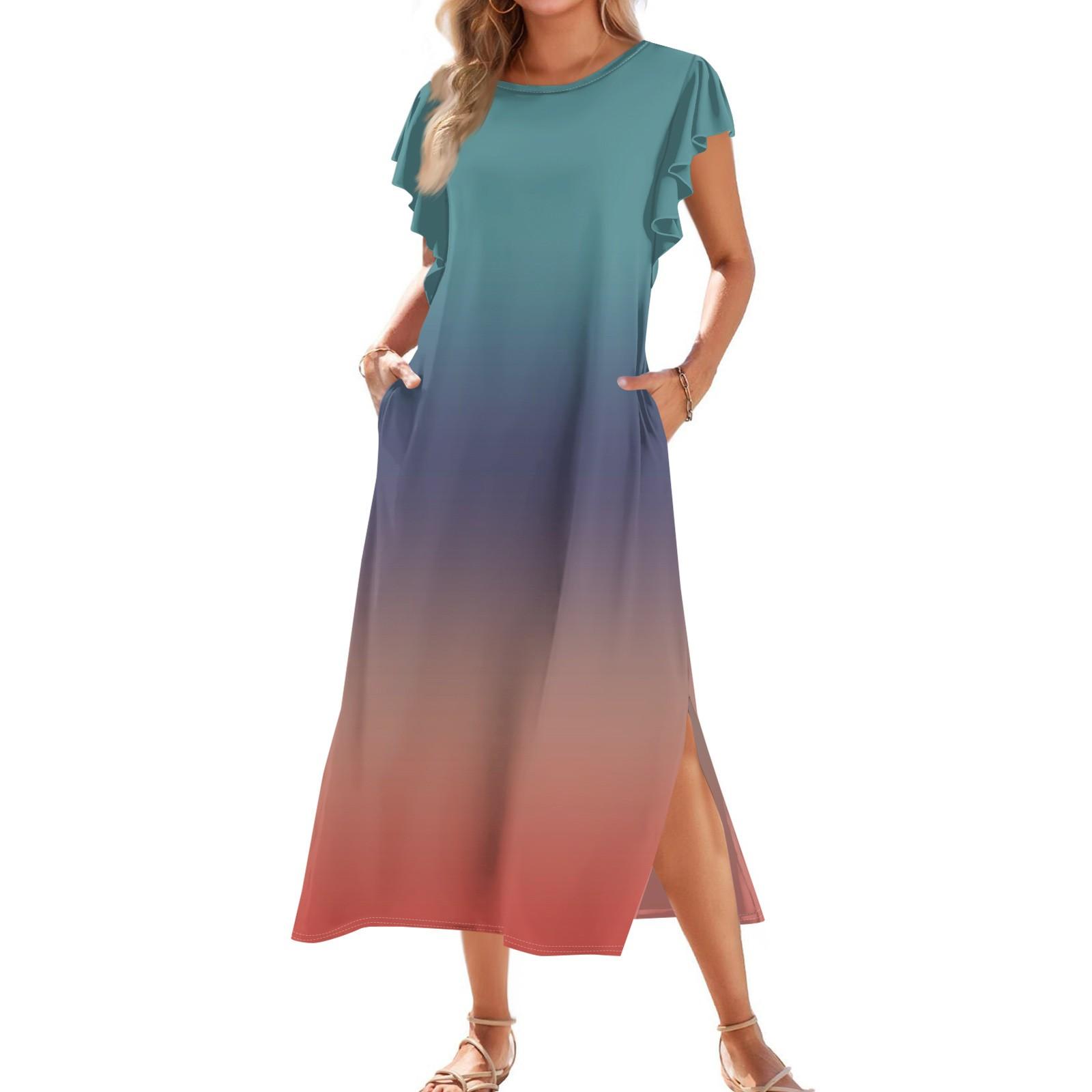 Ladies  Fashionable Summer Casual Pleated Sleeves, Loose Gradient Printed Short Sleeves, Round Tie, Pocket Beach Dress XXL