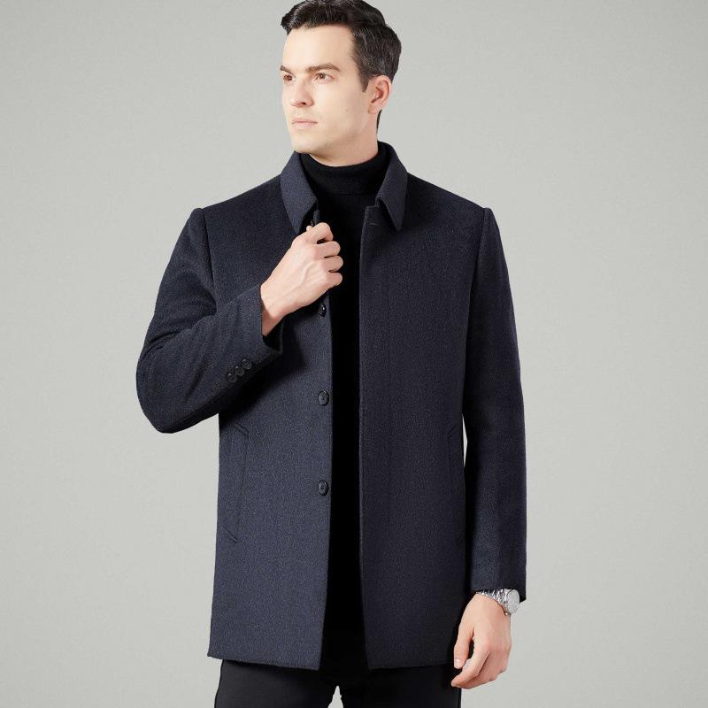 Men's Winter Wool Double-Faced Trench Coat with Down Liner and Cashmere Lapel