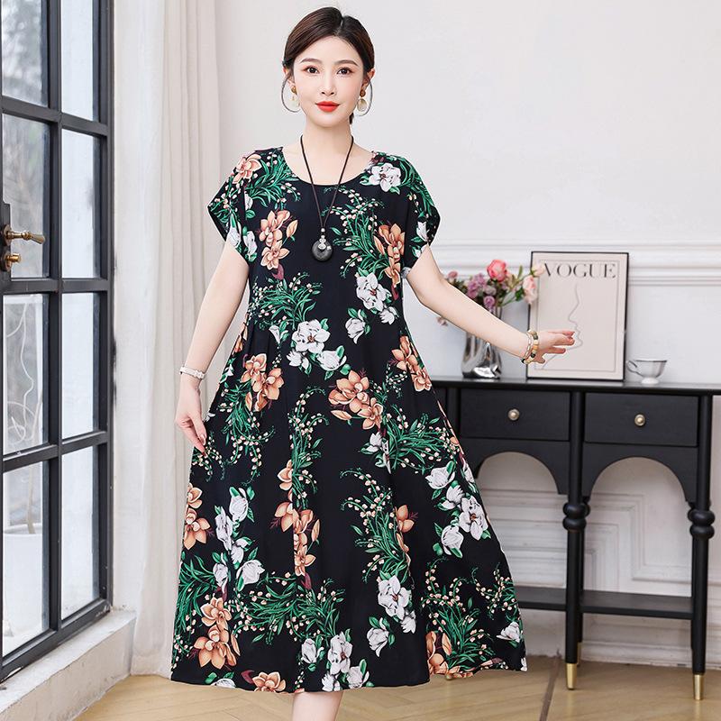 New cotton and silk dress summer large size loose fat mother covering belly and looking thin casual floral long skirt