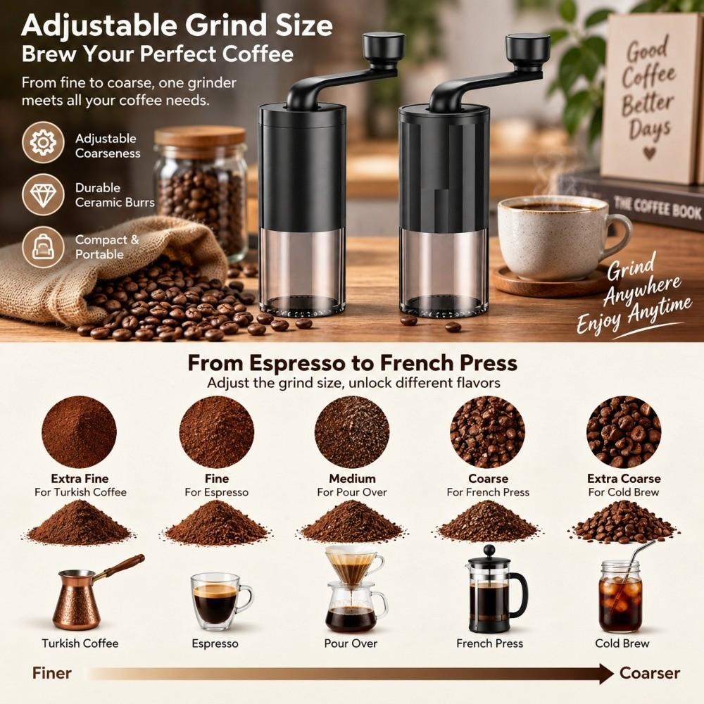 Ceramic Burr Manual Coffee Grinder Hand Crank Portable Adjustable Grinder Feeding Tube