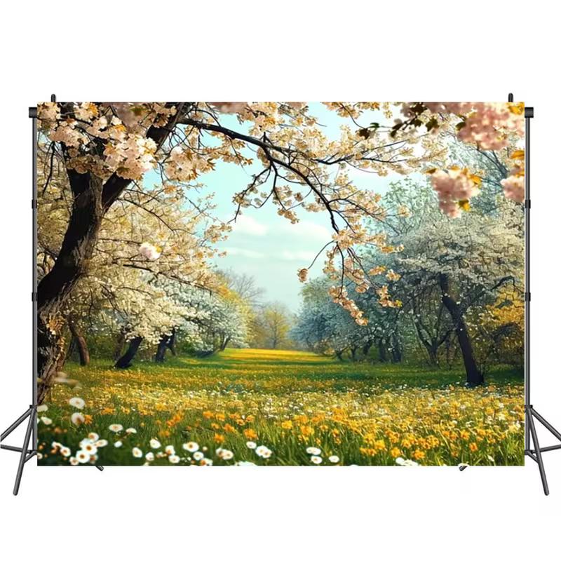 2D Flat Printing Spring Cherry Blossom Tapestry, Blooming Trees and Wildflower Meadow Wall Decor