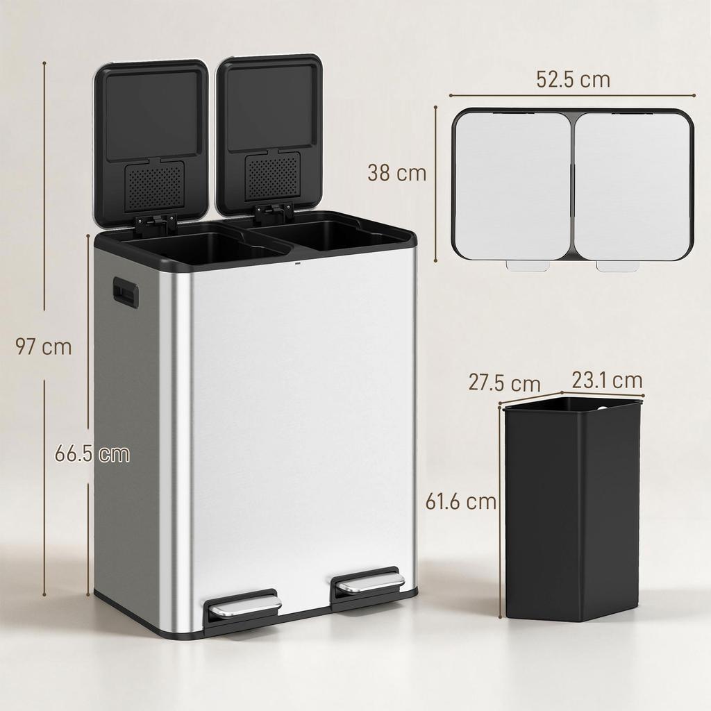 2 X 30L Double Kitchen Bin, Stainless Steel Pedal Rubbish Bin with Dual Compartments, Soft Close Lids, Silver Tone
