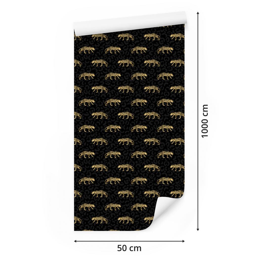 Black and Gold Tropical Pattern Wallpaper, Black, Ochre Center, 50x1000