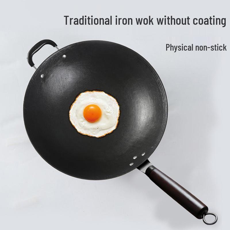 Klassischer runder Gusseisen-Wok mit flachem Boden zum Pfannenrühren