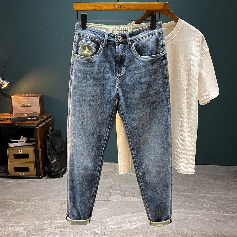 High-End Embroidered Slim-Fit Cropped Jeans for Men, Spring and Autumn, American Style Trendy Retro Casual Pants Light Blue(Street Sign 1183) 28