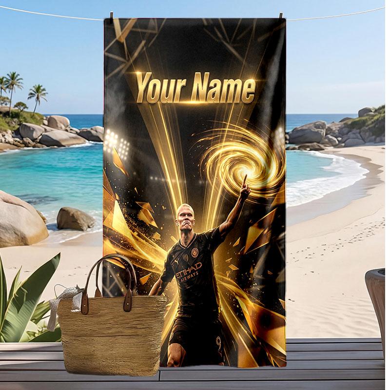Asciugamano da Spiaggia Personalizzato Stampato Erling Haaland Logo Calcio Supporto Nome Personalizzato Testo Asciugamano Assorbente Per Sport Viaggio Regalo Speciale