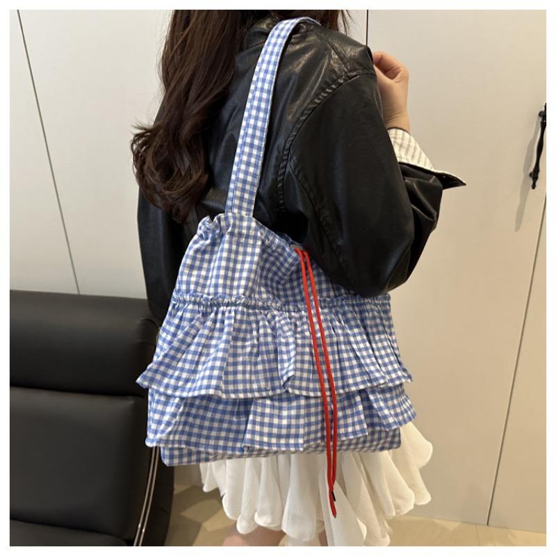 Women's Plaid Large Capacity Shoulder Bag Versatile Drawstring Simple Tote Bags Splicing Commuting Shopping Casual Underarm Bag