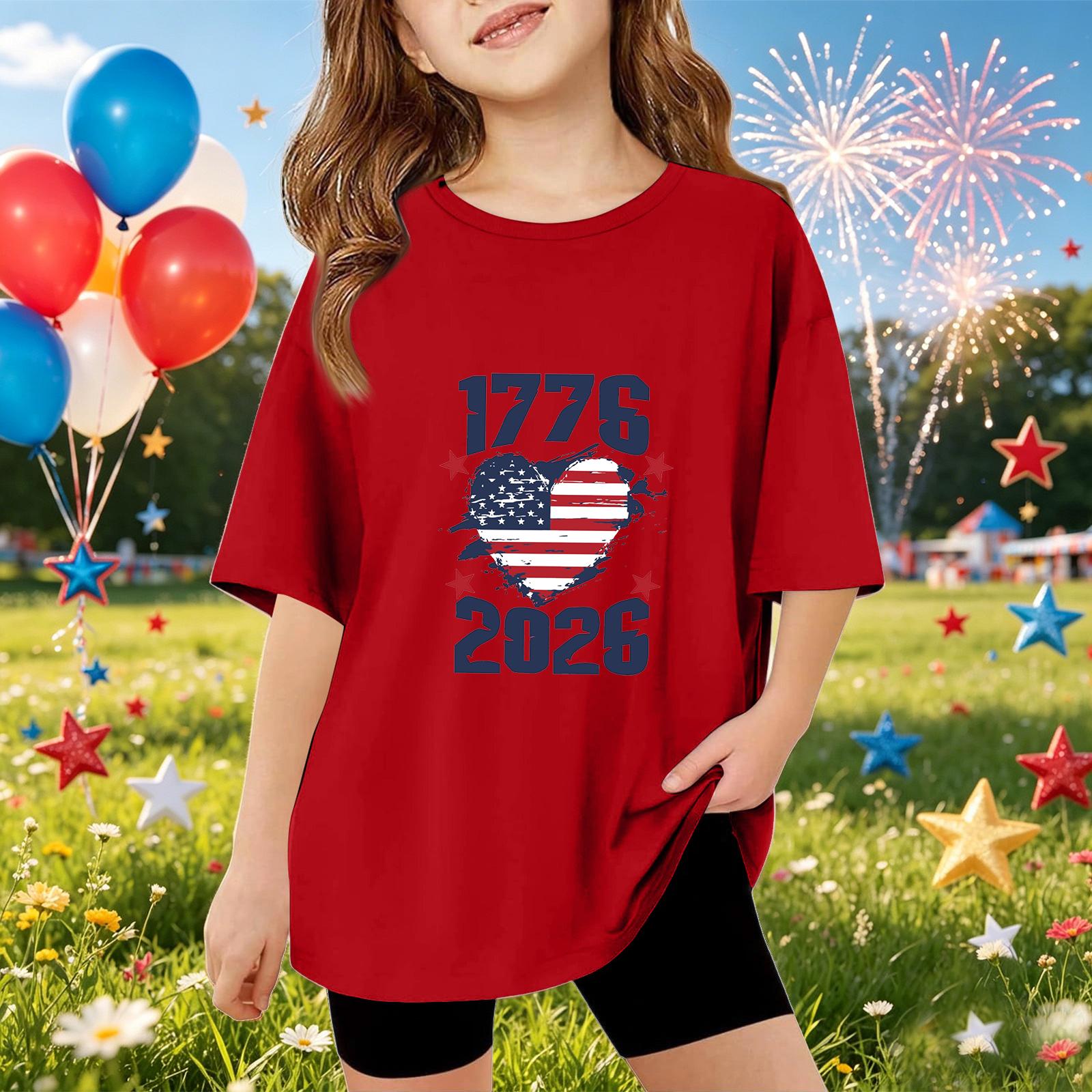 

Kids Short Sleeve T Shirt Independence Day Print Top 1776 2026 Casual Fit Comfortable Cotton Blend Tee for Boys Girls 110