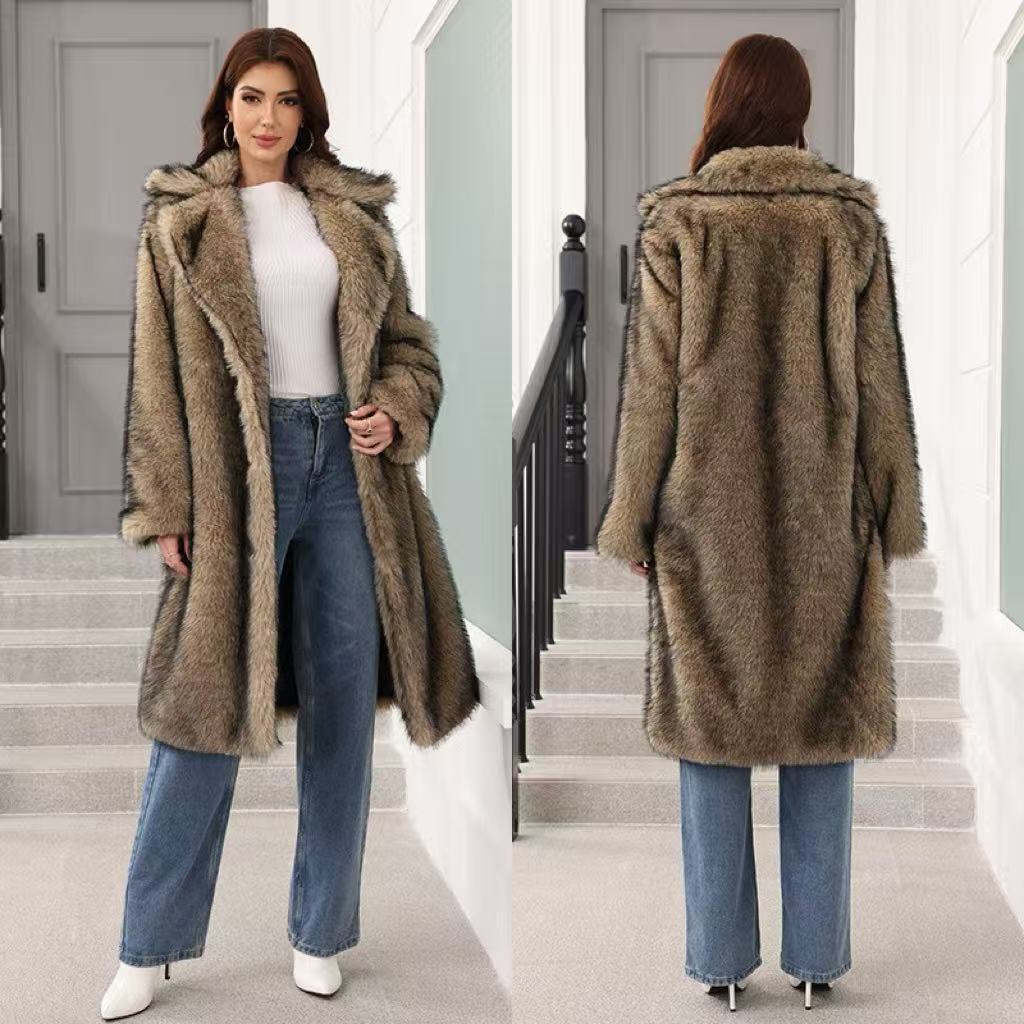 

костюм длинная женская куртка из искусственного меха новая утолщенная легкая меховая шуба модное пальто XXXL коричневый