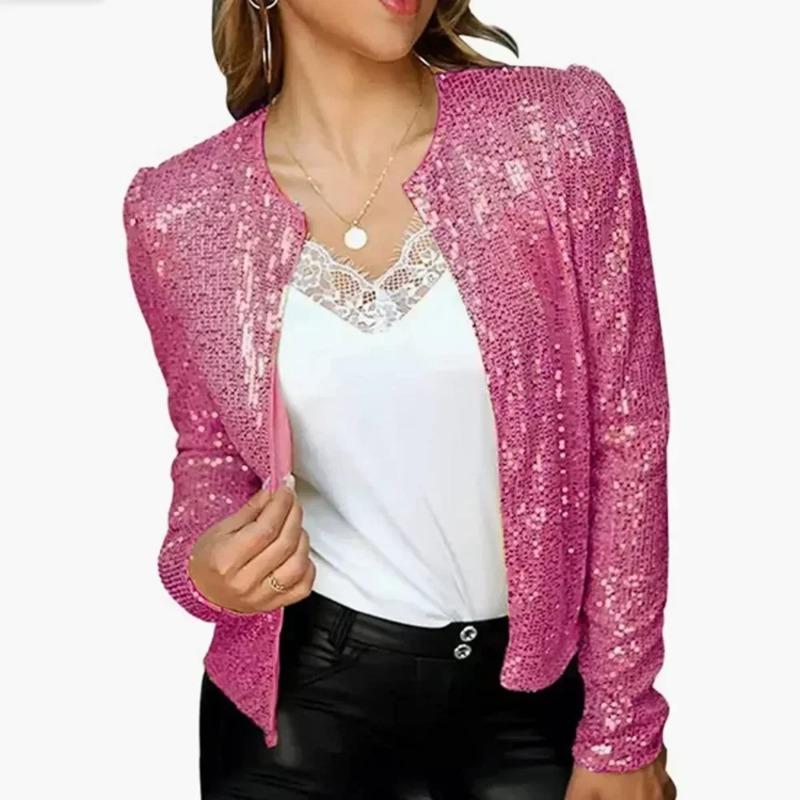 Fashion Standing Collar Sequin Coat Casual Zipper Long Sleeve Solid Color Coat Versatile Dance Nightclub Bar Jacket Women 30075