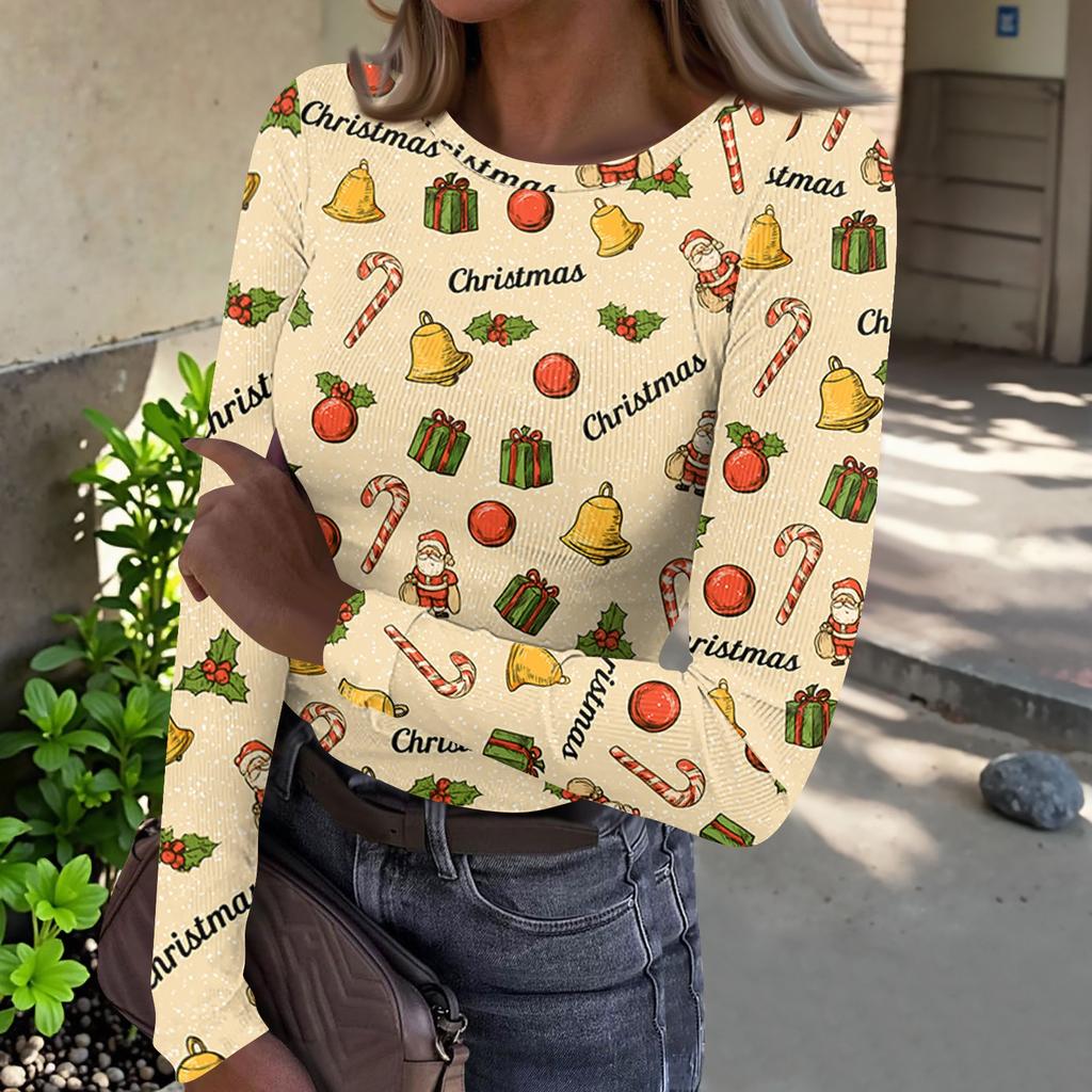 Women's Casual Long Sleeve Ribbed Neck Christmas Print Pullover Top