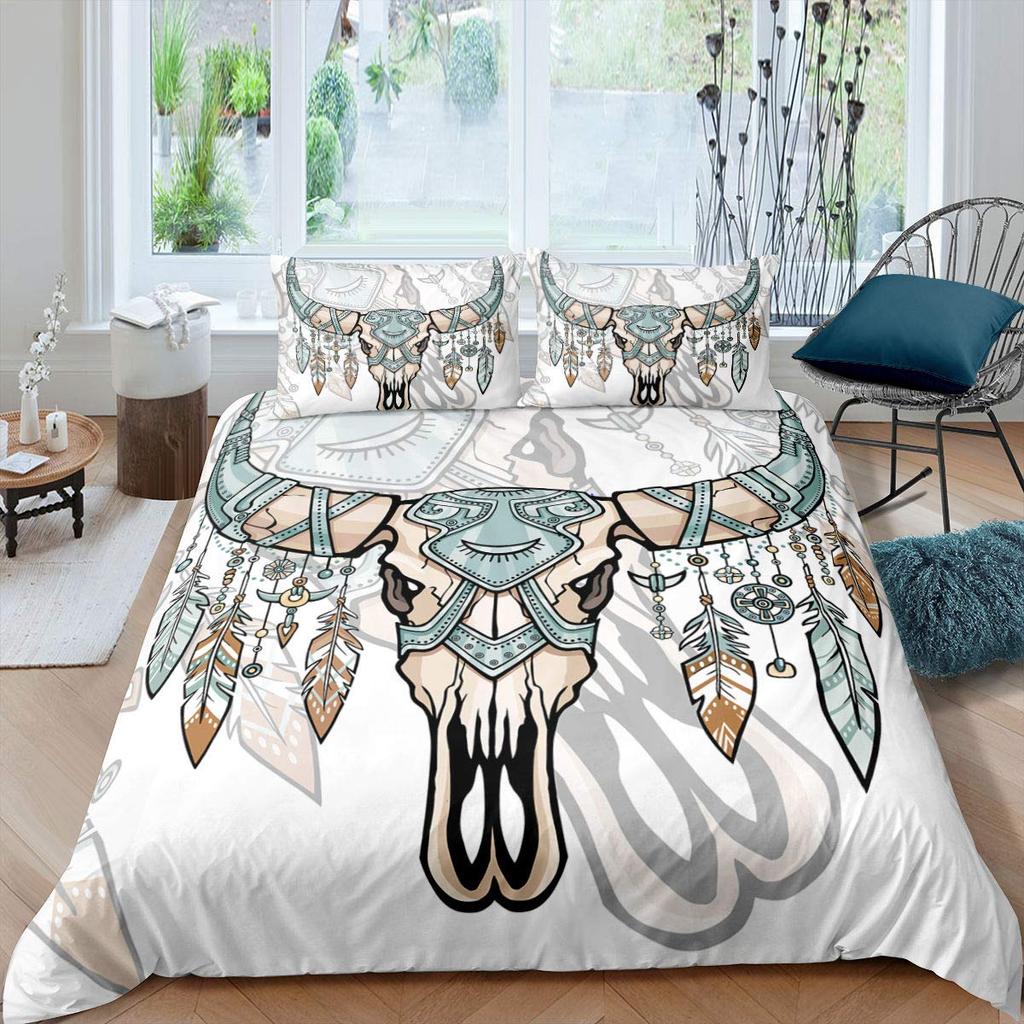 Bull Skull Duvet Cover Set Boho Chic Feather Bedding Set Bohemian Exotic Branches Flower For Teens Microfiber King Quilt Cover