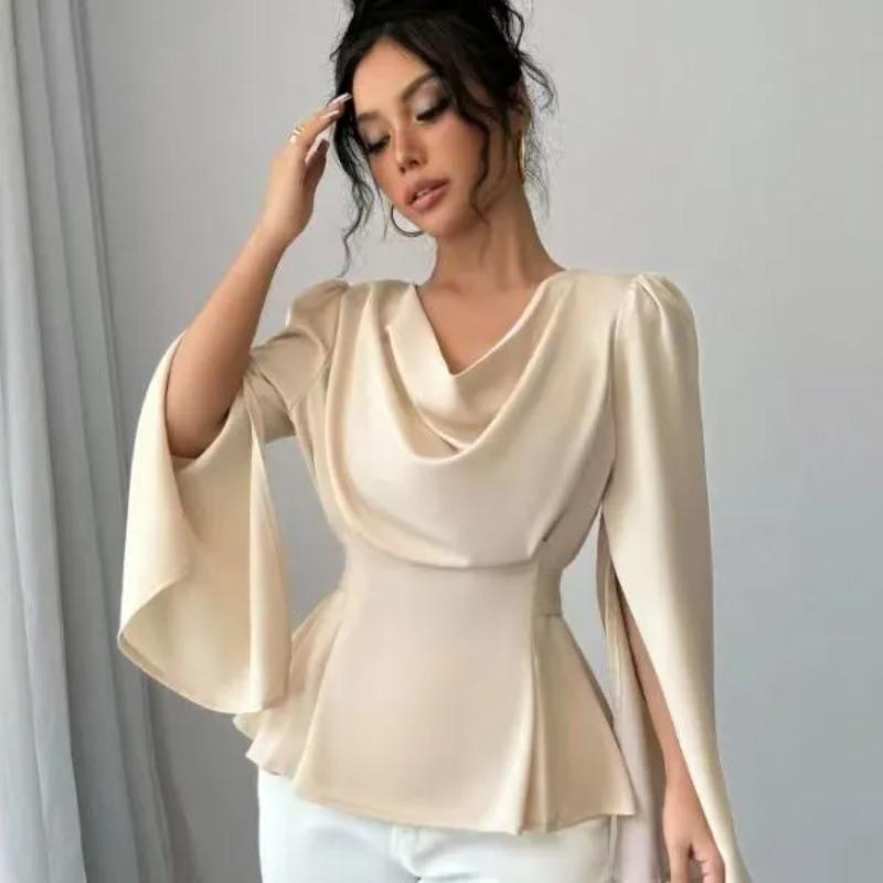 Shirt French High-end Temperament Socialite Satin Swing Collar Long-sleeved Shirt Summer New Strap Waist Short Top