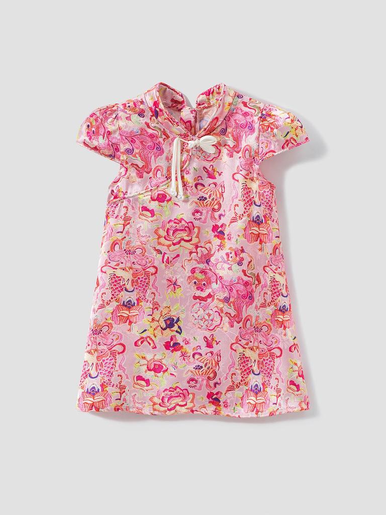 Girls' Sleeveless Tang Suit Dress: Summer Koi & Flower Design