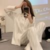 Damen Ice Silk 2-teiliger Pyjama-Anzug Frühling und Herbst Langarm Lässig Gestreift Einfach Locker Homewear Damen Loungewear