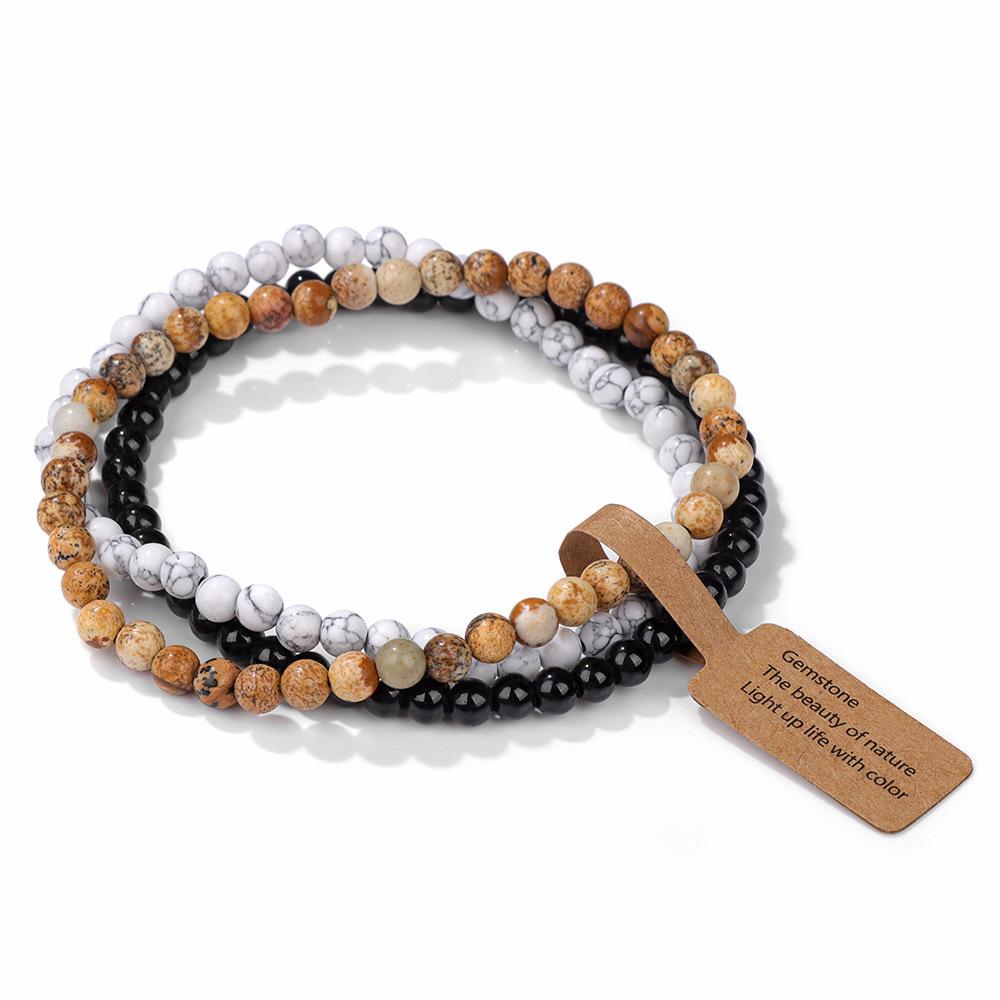 3 Pieces Natural Stone 4mm Beads Elastic Bracelets For Women Men Moss Agates Rose Quartzs Stretch Bracelet Set With Tag Jewelry