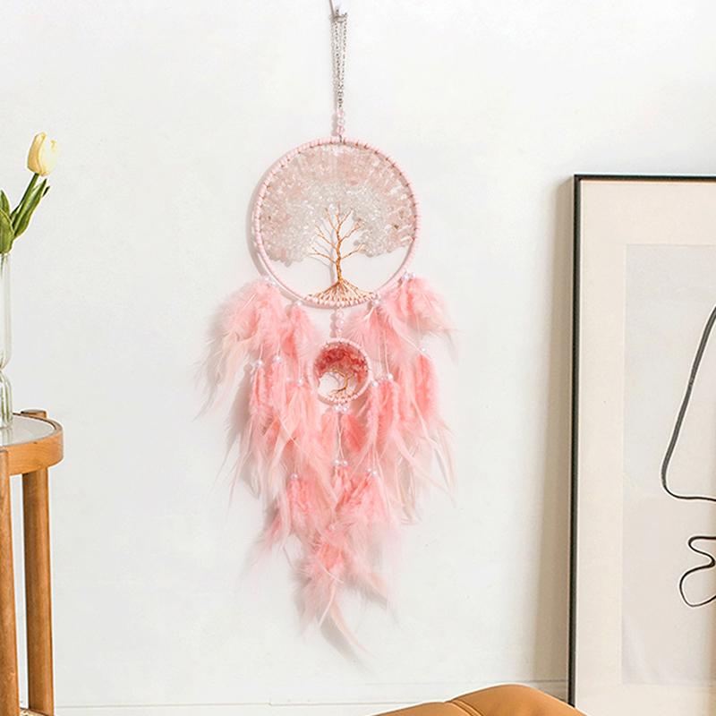 Tree of Life Dream Catcher Handmade Pink Gravel Wall Hangings Feather Craft Home Decor Wind Chimes DreamCatchers Room Decorate