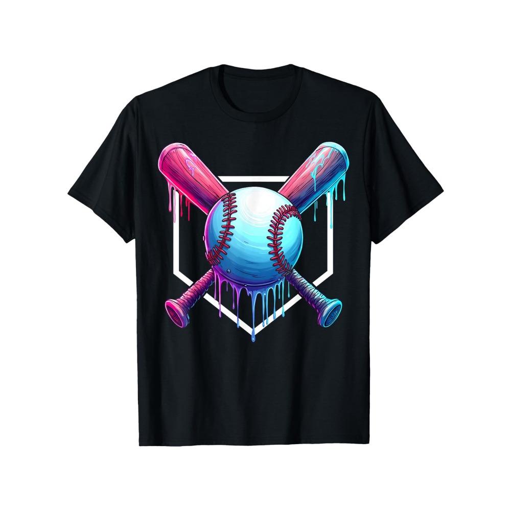 Neon Drip Baseball Crossed Bats T-shirt Colorful Drip Baseball Bats Shield Print Casual Round Neck Short Sleeve Tee For S разноцветный