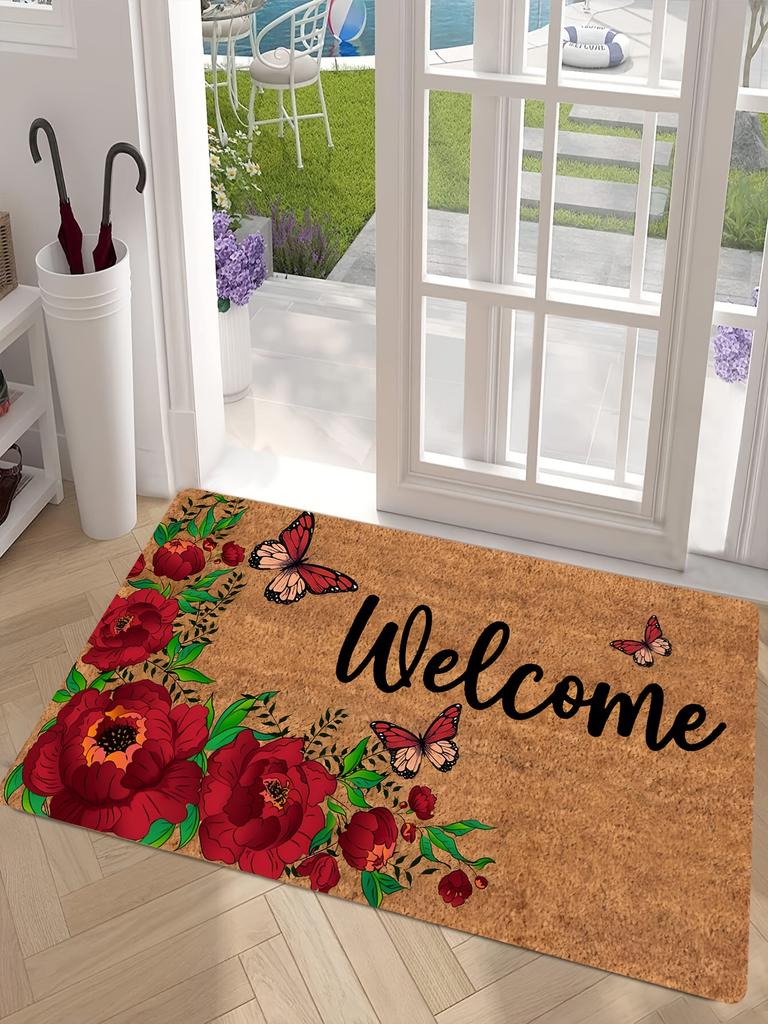 1Pcs Anti Fatigue Kitchen Rugs, Peony Butterfly  Print Waterproof Non-Slip Thick Cushioned Kitchen Mat Heavy Duty Comfort Standing Mat for Kitchen