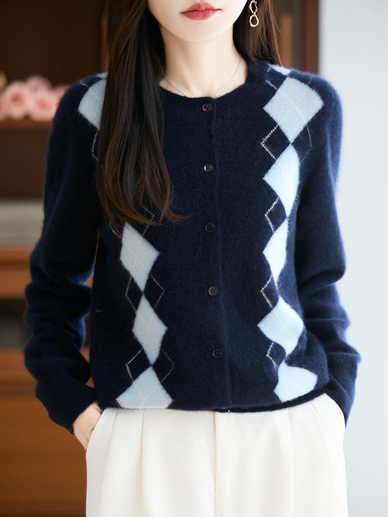 Women's 100% Wool Cashmere Cardigan, Round Neck, Loose Knit, Soft Thickened Coat for Autumn/Winter.